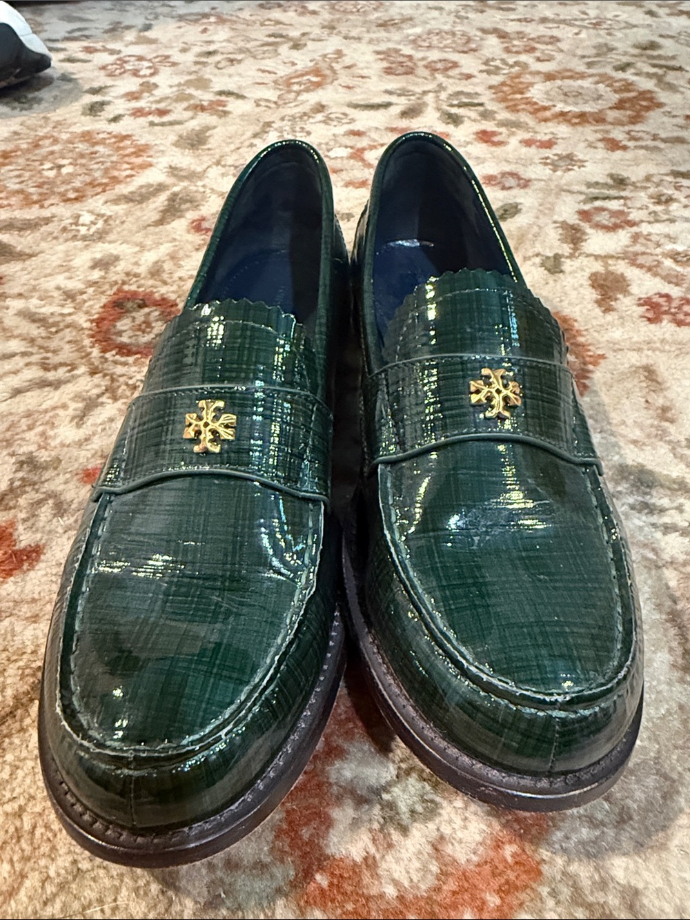 Tory Burch Green Patent Leather Loafers with Gold Accent